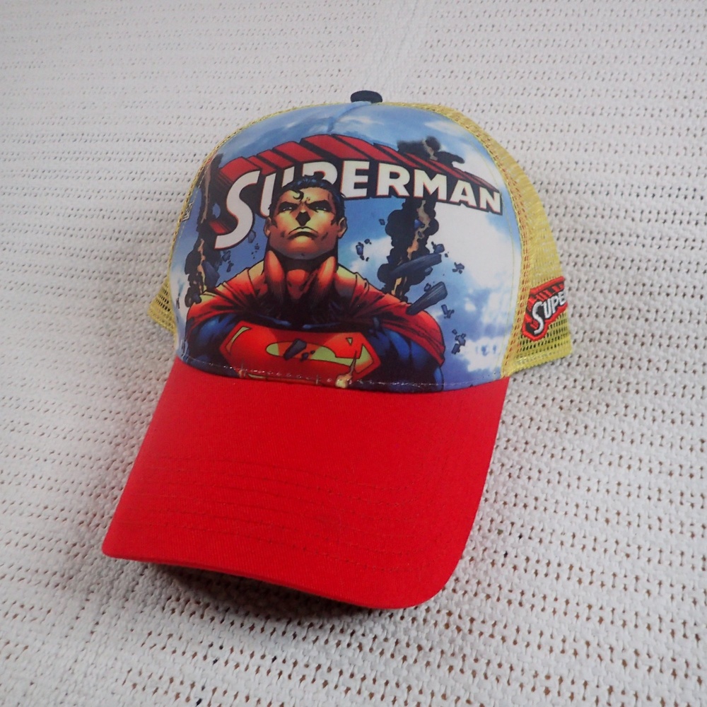 Superman DC Comics Trucker Hat with Superman Art on Front, Red Bill, Yellow Back